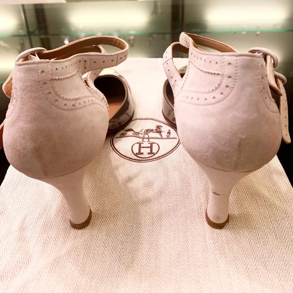 Hermes Classic Bicolour suede & leather broguing heeled pumps EU 39 - Picture 8 of 8